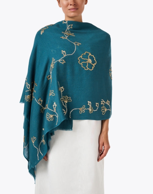 Turquoise Embroidered Merino Wool Scarf